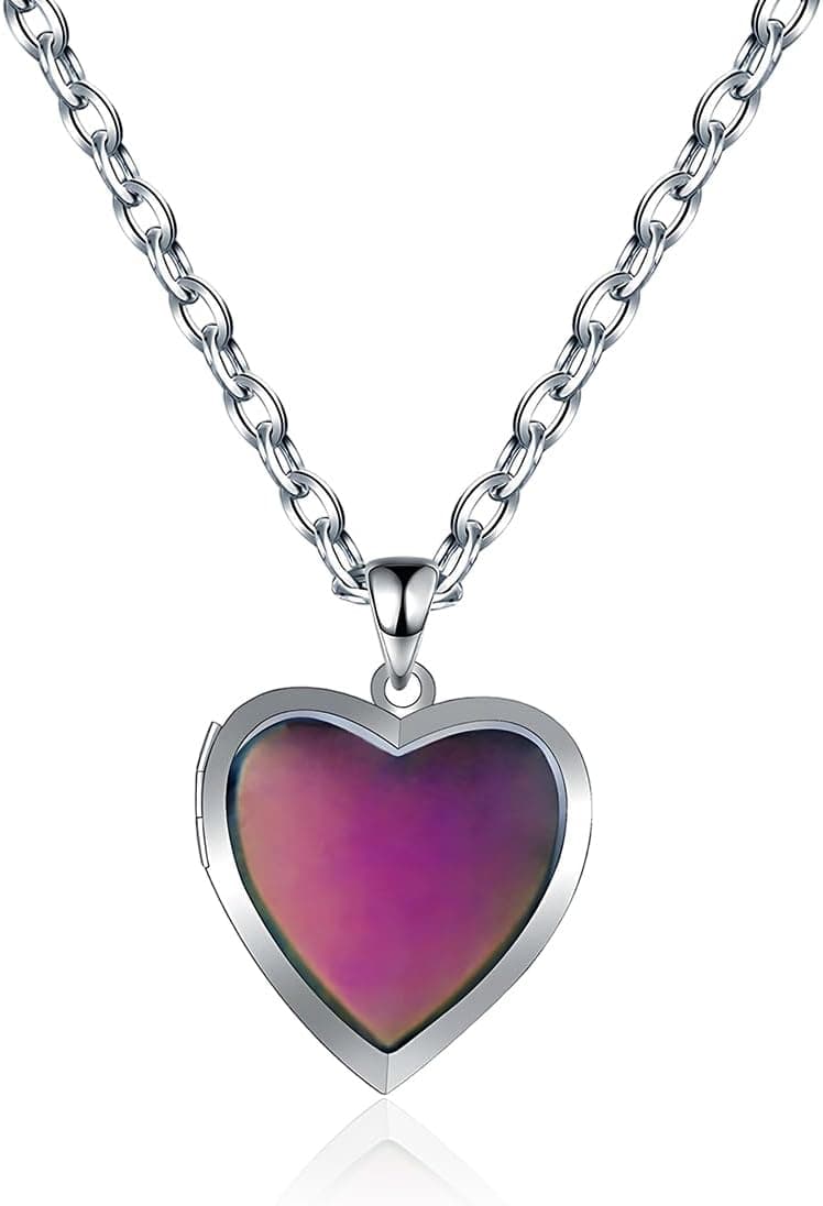 Collier Médaillon Femme, Personnalisé Photo, Collier Personnalisable, Changement de Couleur, Sensible à la Température, Acier Inoxydable, Coeur, Photo Enfant, Cadeau Amitié