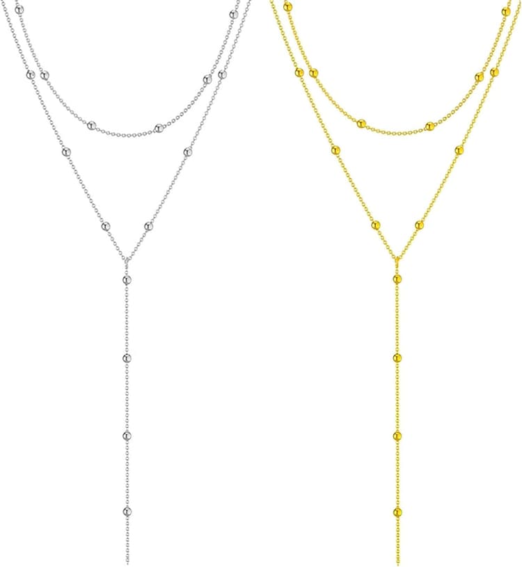 Collier en Y pour Femmes, Collier Acier Inoxydable Multi-rangs Femme en Or Argent, Superposé Doré Élégant à Chaînes Longues, Look Chic et Moderne pour Toutes Occasions Accessoire Mode