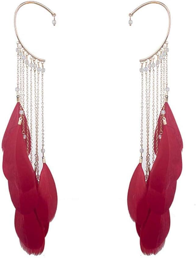 Tendance Plume Longue Glands Manchette Clip Boucles D'oreilles Crochet D'oreille Femmes Oreille Manchette Bijoux De Mode,rouge
