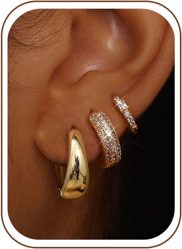 LOLIAS Small 14K Gold Plated Chunky Hoop Earrings for Women Hypoallergenic Silver Earrings Set for Sensitive Ears Non Tarnish Huggie Hoops Earring Stacks for Multiple Piercing Jewelry Lightweight 3Pairs