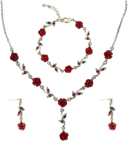 Femme Mariage Parure Ensemble de Bijoux Rose Rouge Boucles d'oreilles Pendantes Boucles d'oreilles Y-Collier Fleur Collier Bracelet à Breloques Dangle Boucles d'oreilles Cadeau