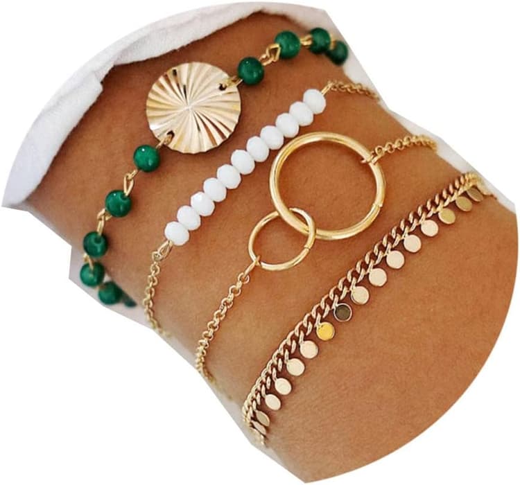 Jovono Lot de 4 bracelets bohème en perles avec cercles dorés et paillettes pour femmes et filles