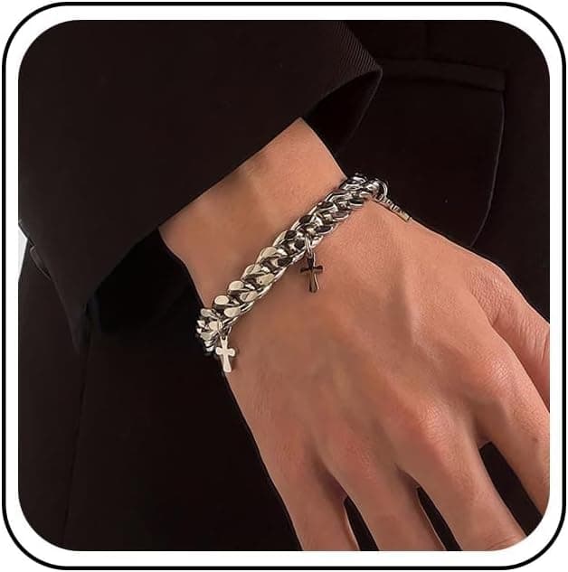 Bracelet punk en argent avec croix cubaine épaisse - Bracelet à breloques en forme de croix - Bijou Hip Hop pour homme et femme