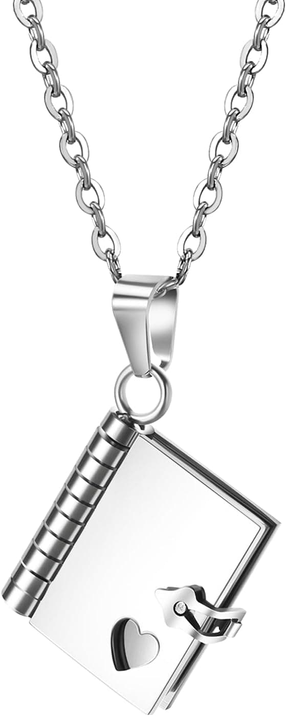 Cupimatch Collier Enveloppe Photo Personnalisé Pendentif Livre Personnalisable en Acier Inoxydable - Bijoux avec Médaillon Gravé avec Message Cadeau Secret pour Couples et Famille