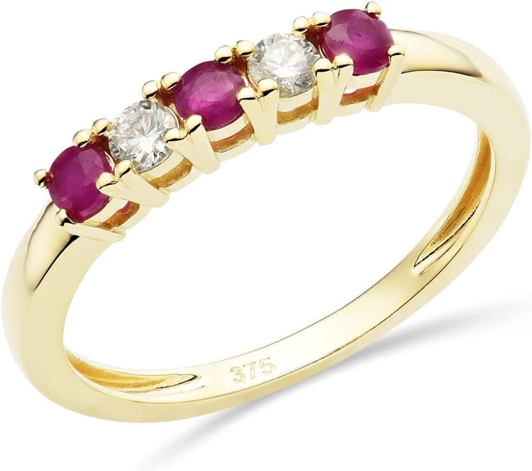 MIORE Bijoux Femmes Bague d'Éternité avec 2 Diamants Brillants 0,13 Ct et 3 Pierres Précieuses Pierres de naissance Rubis rouges naturels Bague en Or Jaune 9 carats (375) Or