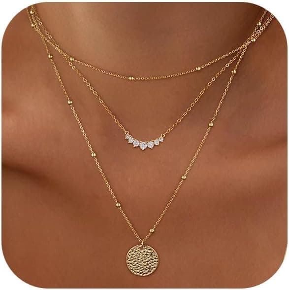 3 Pcs Collier en Or Femme, Collier Superposé en Or 14K Colliers Ras du Cou Empilable Collier à Pendentifs CZ Ajustable Bijoux de Mode Cadeaux pour la Fête des Mères
