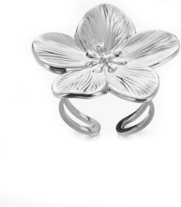 Bague Fantaisie en Acier Inoxydable Argenté ou Doré, Réglable Ajustable en forme de Fleur, Anneau ouvert, Cabochon 3 cm, Bijoux Femme Tendance Mode Fashion