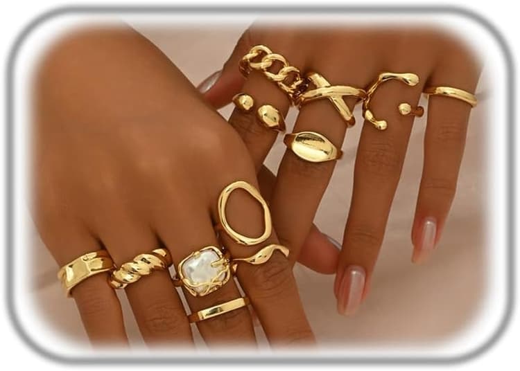 Chunky 14K Gold Plated Stackable Rings Set for Women,Vintage Knuckle Rings Dainty Hollow Carved Joint Finger Midi Rings Pack Adjustable Signet Mixed Size