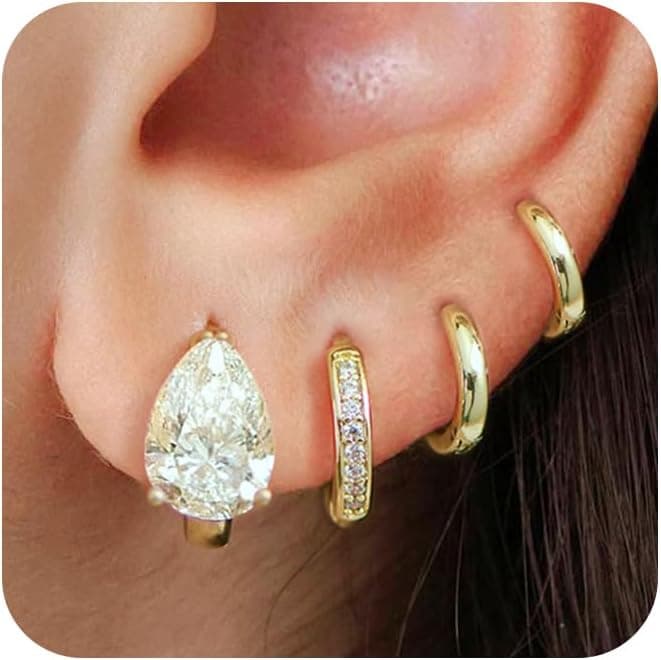 4Pairs Statement Gold Hoop Earrings for Women Trendy,Surgical Steel Gold Plated Hoop Hypoallergenic Earrings Set,Titanium Hoops Earring Stacks,CZ Cartilage Huggie Hoops Earring Gifts for Girlfriend