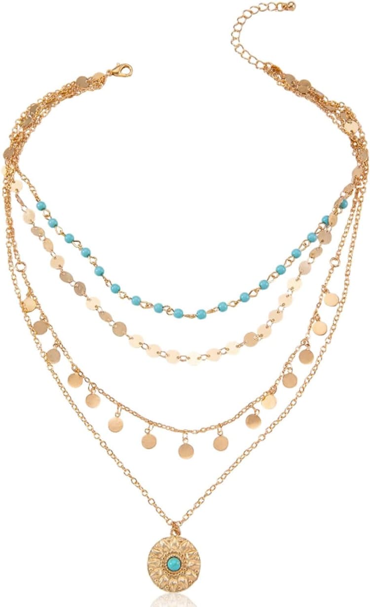 Colliers Or pour Femme,Collier Superposé avec Pompons,Boho Chaîne en Or 18 Carats,Colliers Longue Imperméables avec Pendentif Plaque Ronde,Collier Exquise et Élégante pour Femme