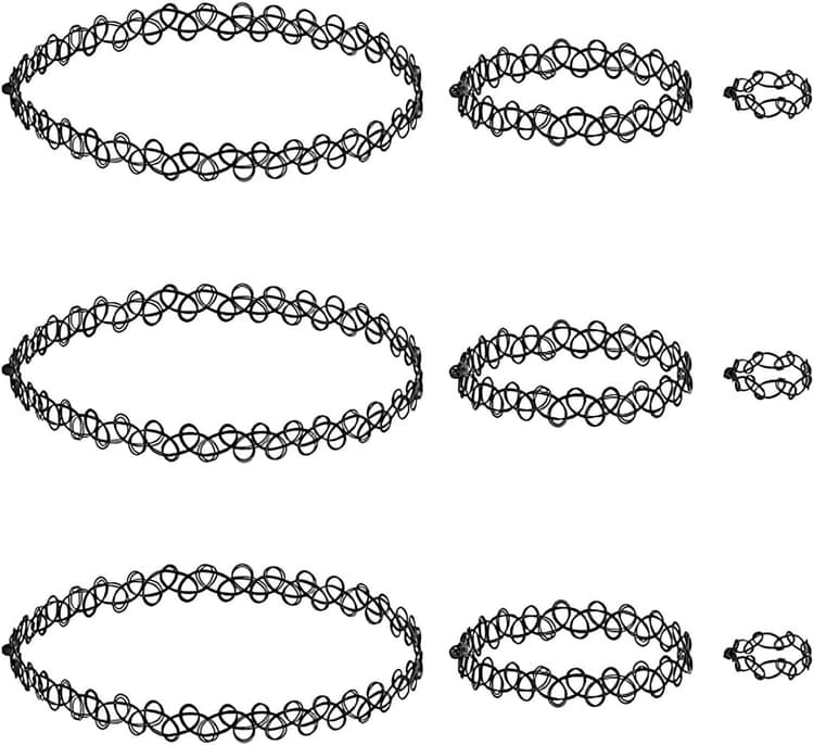 3 Sets, 9 Pièces Choker Ras de Cou Sets Collier Tour de Cou Bracelets Bagues Élastiques Tatouage Collier en Tissu Creux pour Filles Femmes Enfants