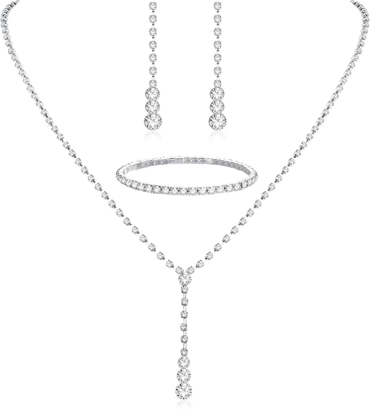 THUNARAZ Sparkled Jewelry Set for Women Silver Rhinestone Necklace Teardrop Dangle Earrings Bracelet for Bride Bridesmaid Crystal Bridal Prom Costume Jewelry Accessories for Wedding Party