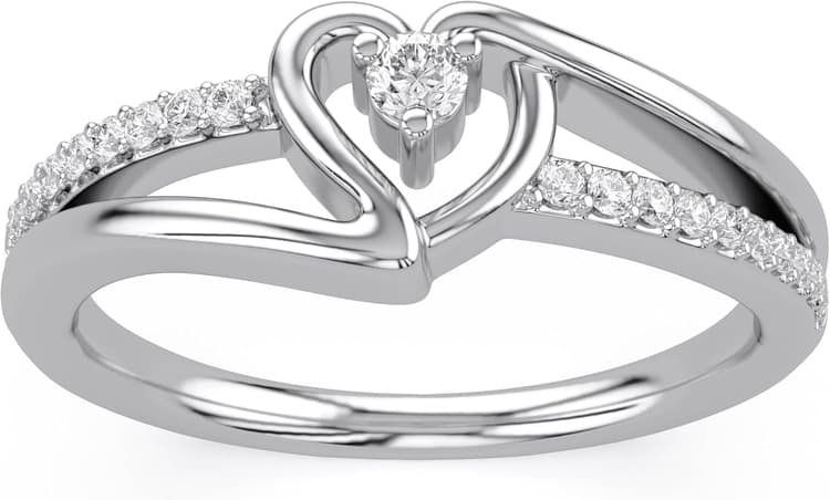 Bypass Heart Promise Ring for Women 1/10 Carat Round Moissanite, Natural or Lab Grown Diamond Ring in 14K Gold Plated 925 Sterling Silver Jewelry Gift for Her (0.10 ctw)