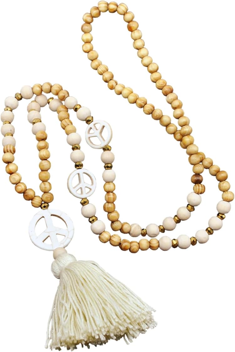 Collier Femme Fantaisie Collier Personnalisé Sautoir Femme Long Boheme Breloque Pompon Bijoux Bois Noué à La Main Pendentif Mode Chaine avec Perles en Bois pour Les Jours