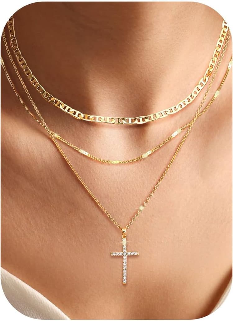 Adramata 3Pcs Collier Femme Or 14K Plaqué Empilable Collier Croix Fantaisie Ras du Cou Réglable Ensemble Colliers Chaîne Superposée Bijoux Femme Cadeau