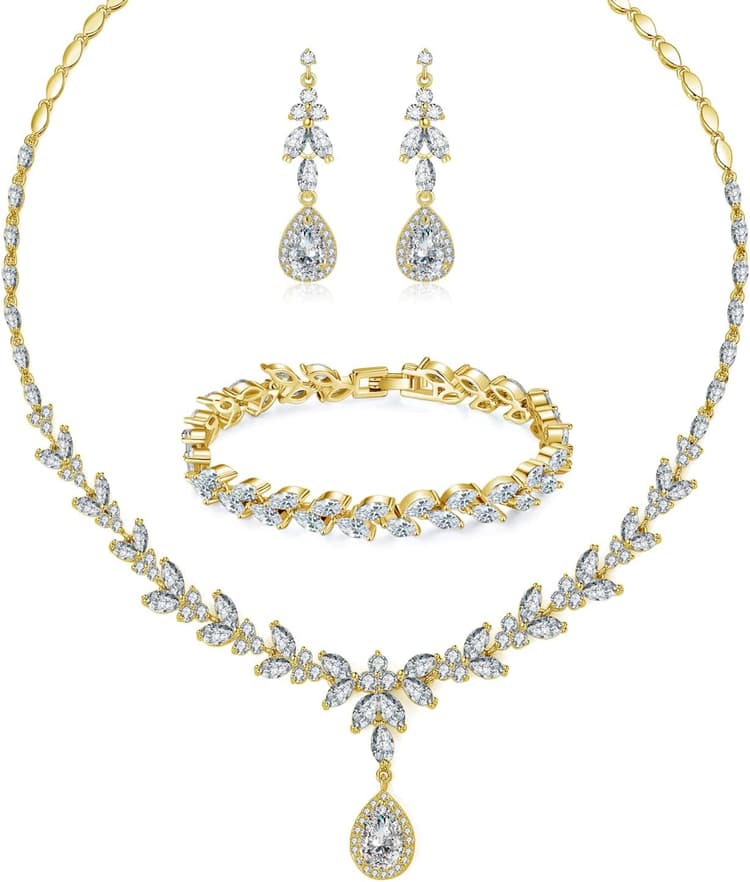 Parure Mariage Femme avec Zircon Cubique 5A Blanc, Ensemble de Bijoux Boucles d'oreilles Collier Bracelet en Forme de Fleur, Tiges Chaîne Pendentif Hypoallergénique pour Femme Fille