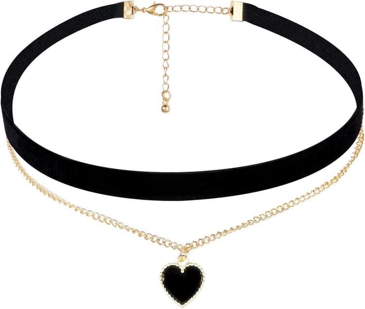 CollierRas du Cou Fille en Velours Noir Gothique Collier Ras du Cou Classique en Velours Coeur Collier Réglable en Couches Choker Bijoux pour Fille Femme