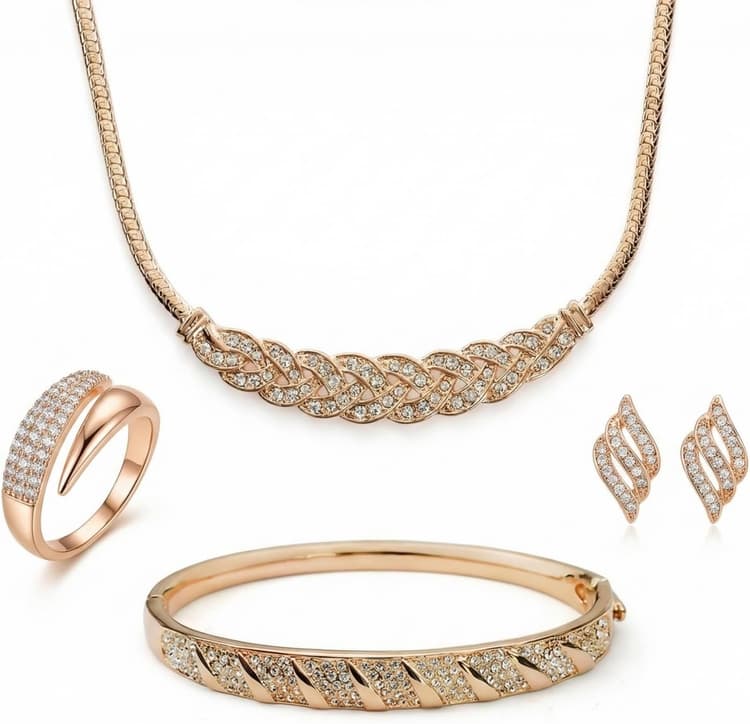 4 Pcs 18K Gold Plated Jewelry Set for Women, Cubic Zirconia Necklace Bracelet Ring Earrings, Bridal Wedding Party Fashion Jewelry Gifts
