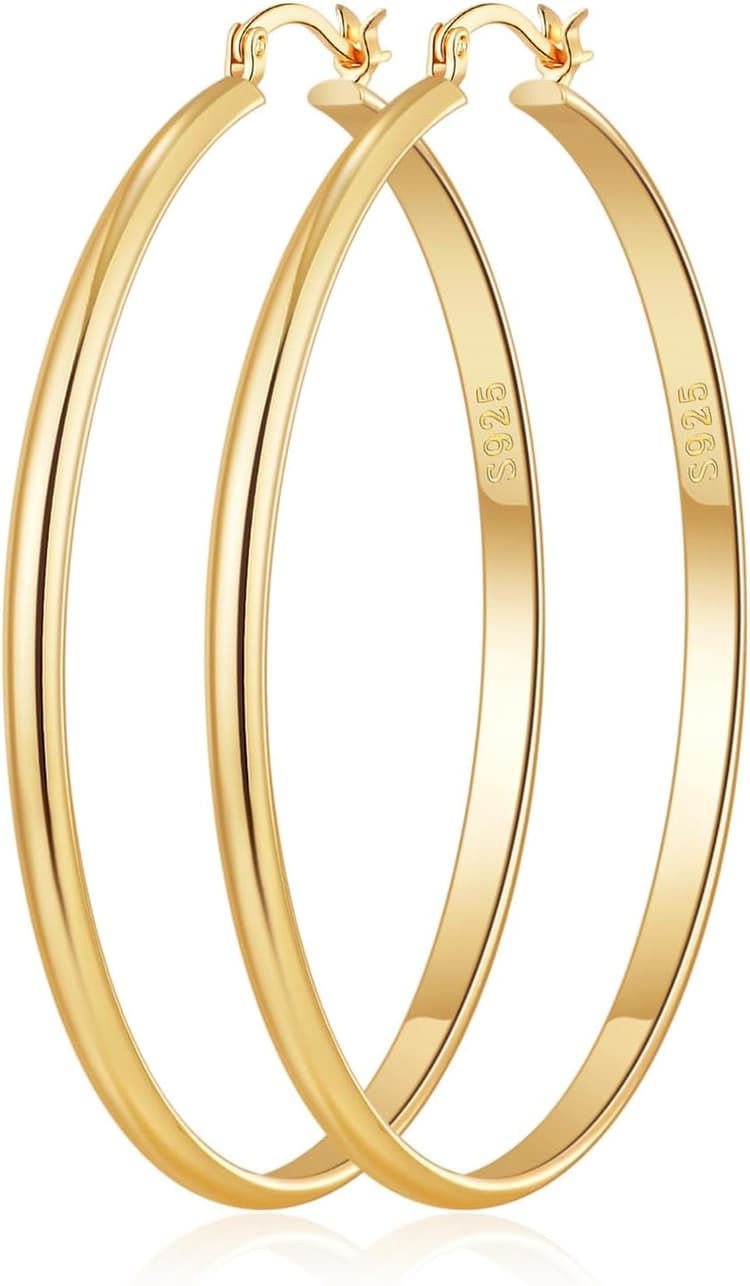 RANKEEF 3 mm de large Boucles d'oreilles femme or,creoles argent femme, creole plaqué or, hypoallergéniques, Boucles d'oreilles créoles en argent, 30/40/50/60 mm.