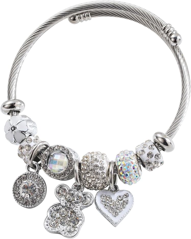 Bracelet amitié fille à breloques, bracelet charms en acier inoxydable avec perles et pendentifs cœur et ours, bijou enfant, accessoires réglable pour ado fille, cadeau anniversaire et amitié
