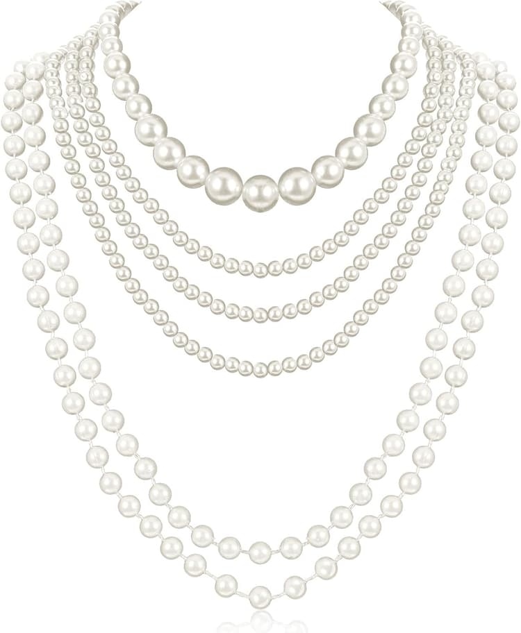 Lot de 6 longs colliers de perles - style vintage et élégant - Années 1920 - Gatsby - Bijoux fantaisie pour mariage, fête, bal de fin d'année - Perle artificielle, Pas de gemme