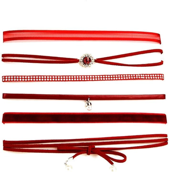 Daimay 6 PCS Ensemble de collier tour de cou en dentelle Collier de tatouage gothique Tour de cou en dentelle sexy Taille ajustable Mode Femme Ados Fille - Rouge foncé