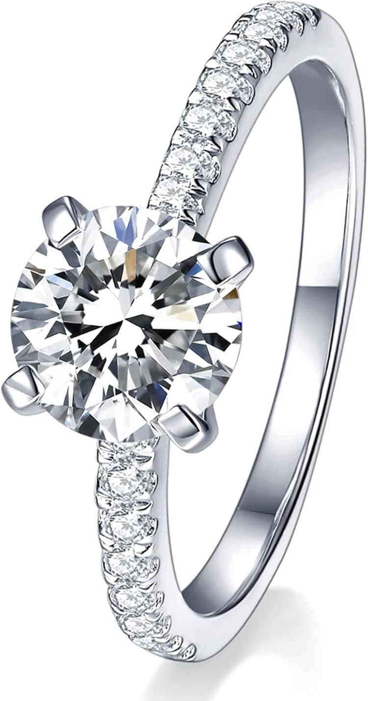 IMOLOVE Solitaire Moissanite Engagement Ring, 1CT D Color VVS1 Clarity, 925 Sterling Silver with 18K White Gold Plated, Ideal Gift for Women