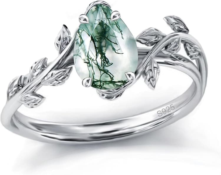 Wasee Natural Moss Agate Ring 925 Sterling Silver Opal Birthstone Ring 925 Sterling Silver Leaf Promise Ring for Her Birthday Anniversary Jewelry for Women