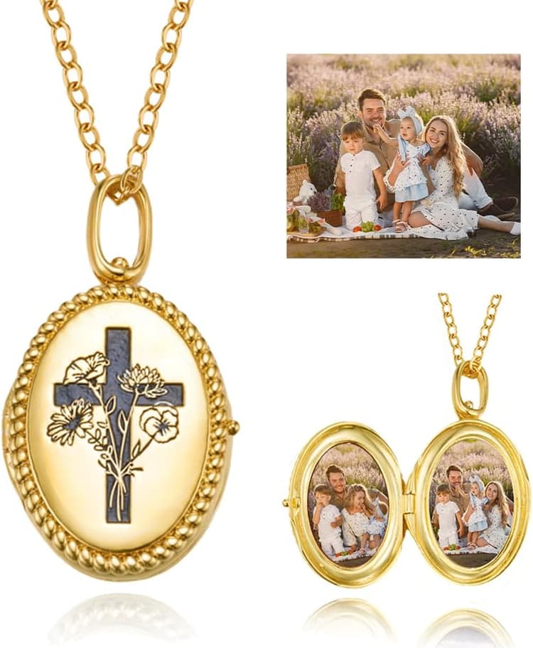 Générique Collier médaillon en or pour femme, médaillon photo personnalisé avec croix de naissance gravée au dos, pendentif médaillon ovale double photo personnalisé avec photos à l'intérieur