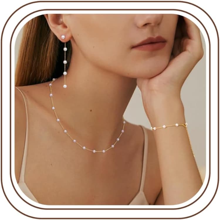 LOLIAS Collier Perles Femme Boucles d'oreilles Perles Bracelet Ensemble Bijoux Ensemble Bijoux Perles Plaqué Or 14K Collier Réglable Bracelet Perles Ensembles Bijoux Mariage Femme