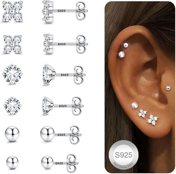 CASSIECA 6 Paires Clous d'Oreilles Femme Argent 925 Boucles d'Oreilles Hypoallergenique Rondes Zircone Cubique Boucle d'Oreille Helix Tragus Piercing Plaqué Or 16K/Argent