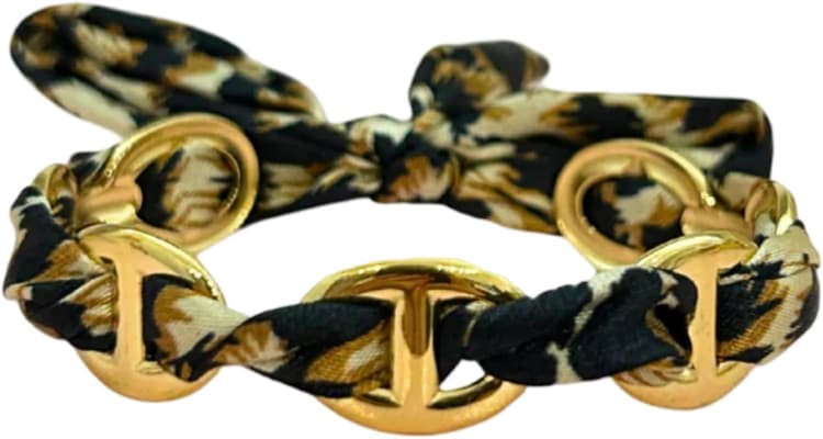 bracelet jonc- maille marine avec ruban leopard - nez de cochon -doré-bracelet réglable - tendance - acier inoxydable