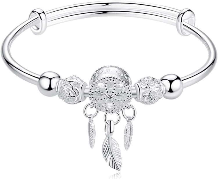 QIN Sterling capteur de rêves Gland Plume Bracelet à Breloques et Bracelet pour Femmes Mode élégant Bijoux Accessoires