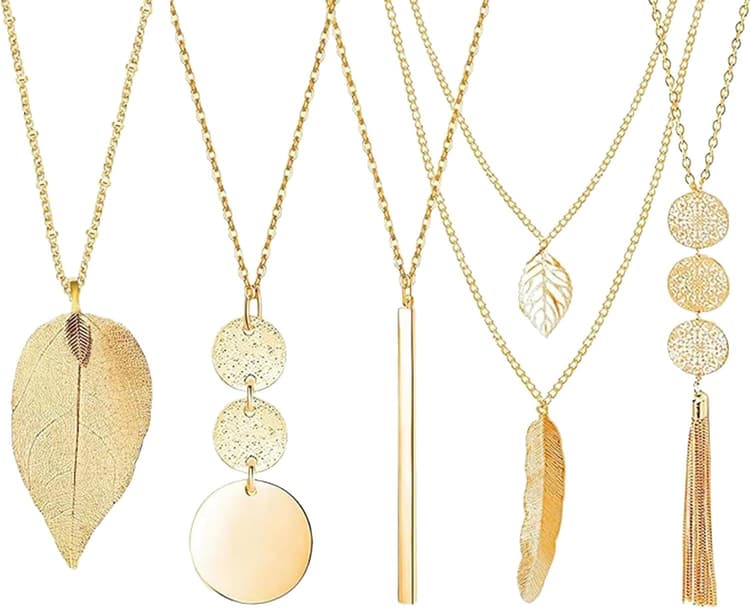5 Pièces Sautoir Femme Long Boheme Sautoir Femme Long Doré collier long Chaîne Colliers Barre Plume Cercle Feuille Pendentif Y Collier Mode Chandail Collier Bijoux