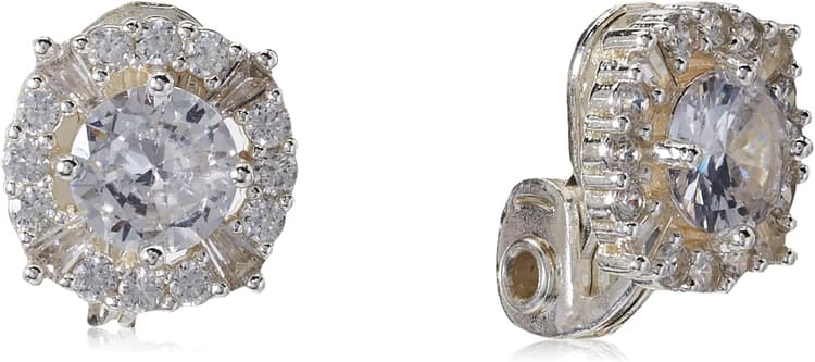 Classics Sivler Tone Pave Cz Button Clip On Earrings