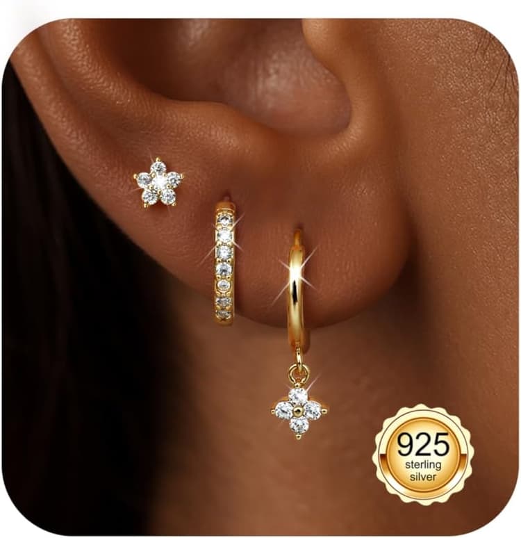 Diamday 3 Paires Boucles d'Oreilles Femmes Argent 925 Piercing Oreille Piercing Tragus Helix Creoles Or Hypoallergénique Helix Tragus Créoles Boucles d'Oreilles Femmes Argent 925 Multiple Piercings
