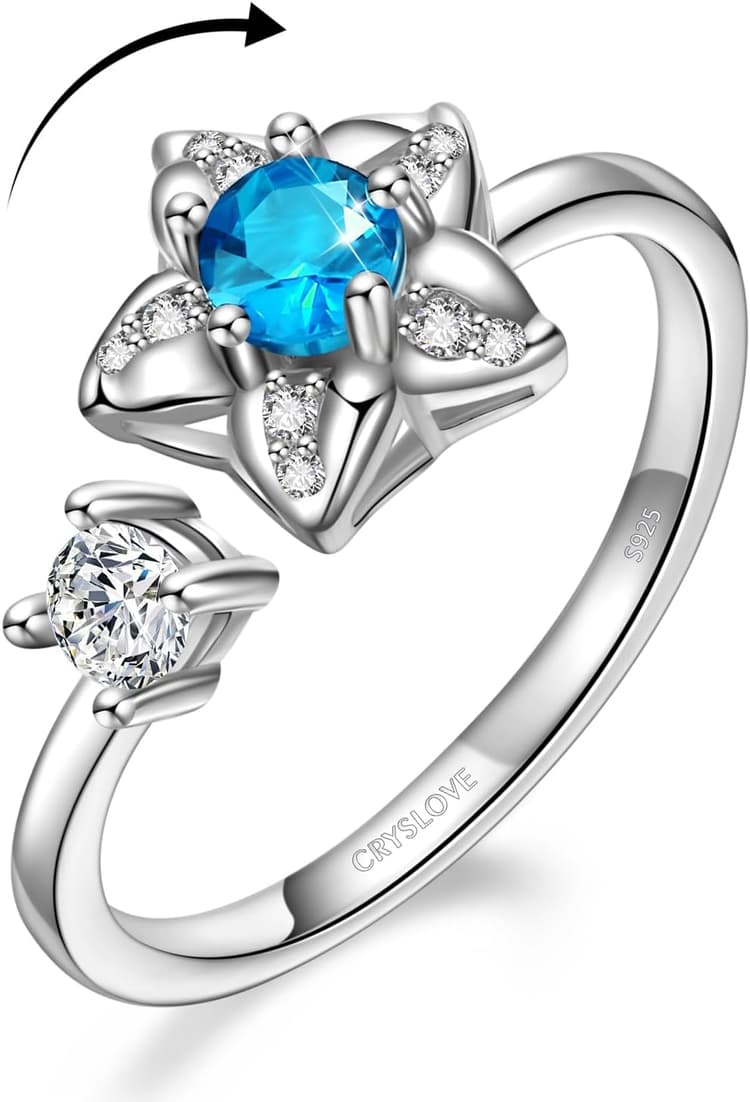 CRYSLOVE Bague Anti Stress en Argent Sterling 925 pour Femme Zircon Cubique La Pierre de Naissance Fleurs Bague Ouvert Spinner Promesse Mariage Fiançailles Bague