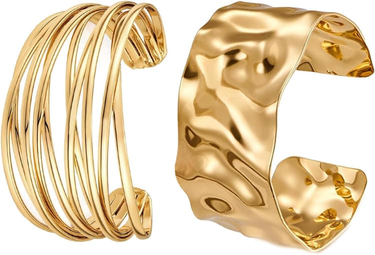 Générique Bracelet en Or pour femme, 2 Pièces Bracelets à Manchette Or Large Bracelet Bangle Réglable Bracelets à Manchette Ouverte pour Femmes Filles