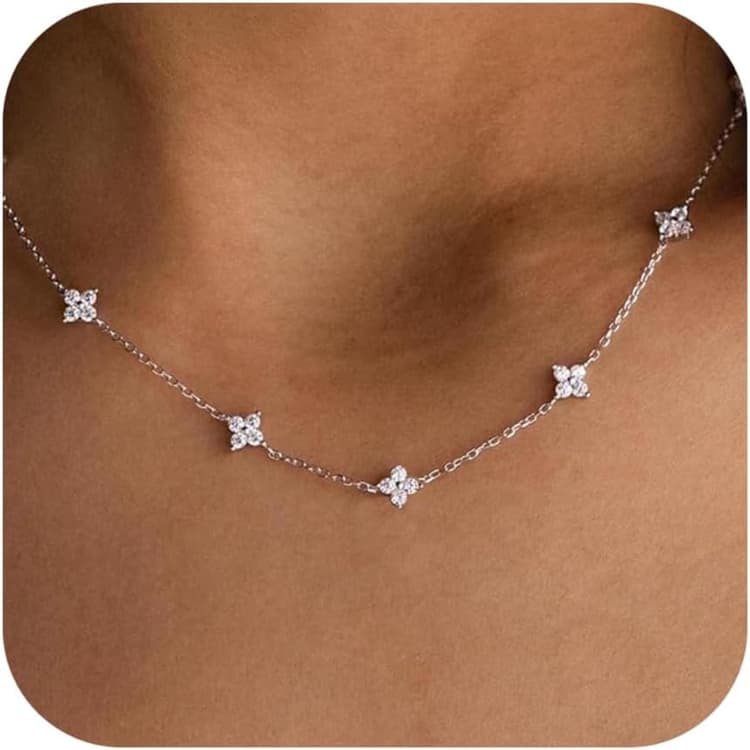 Dainty Silver Gold Necklaces for Women Cute Station Choker Simulated Diamond Necklace Simple Layering CZ Necklace Trendy Jewelry Gifts