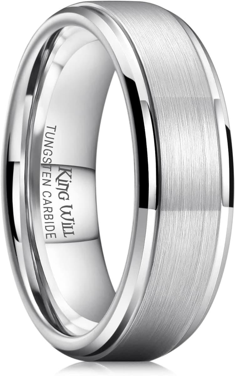 King Will Classic Tungsten Wedding Band for Men, 6/7/8/9/10mm Widths, Polished Finish Step Edge Matte Rings Comfort Fit