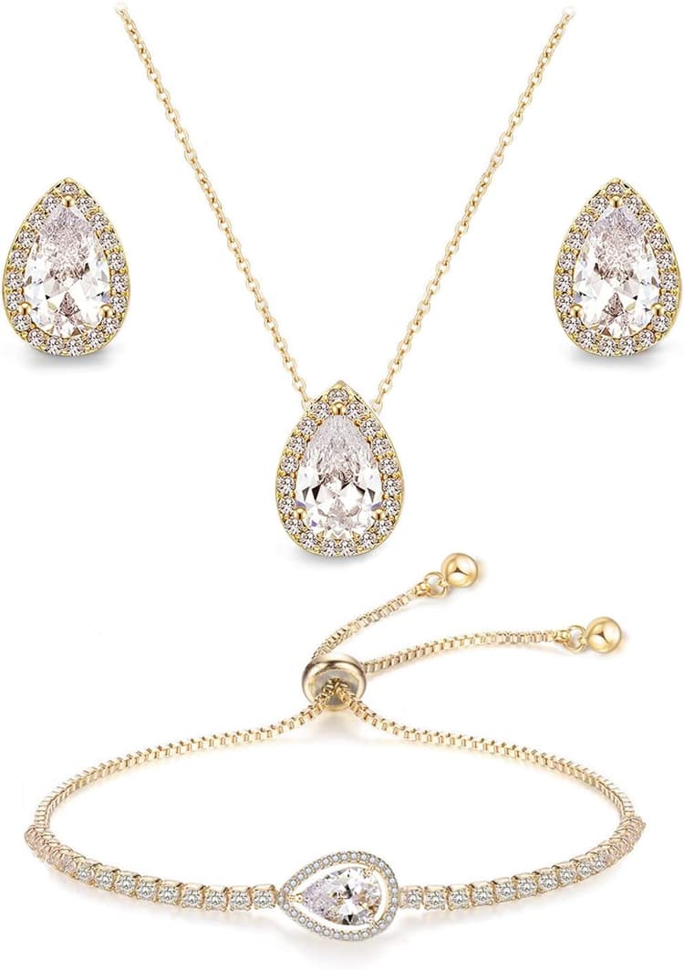 UDYLGOON Cubic Zirconia Teardrop Earrings Necklace Bracelet Jewelry Set For Bride Bridesmaids Bridal Wedding Party Prom Women Jewelry Gift