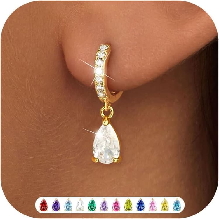 Boucles d'oreilles Pendantes Femmes Plaqués Or 18 Carats Piercing Oreille Pierre de Naissance Zirconium Améthyste Diamante Émeraude Sapphire Boucle d'oreille Bijoux Cadeau Anniversaire Femme