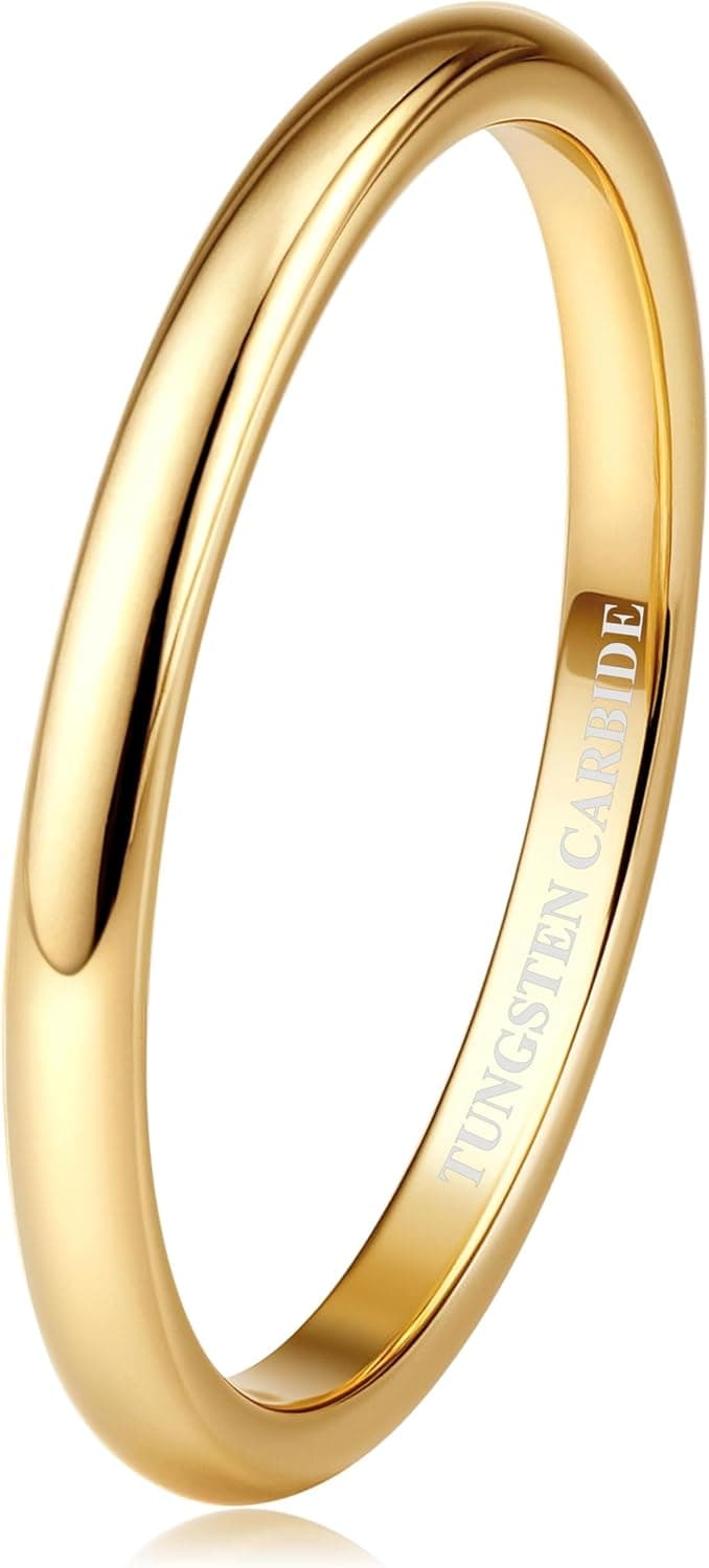 Tungary 2mm 4mm 6mm 8mm Tungsten Wedding Bands Rings 18K Gold Plated Stackable Rings for Women Men Promise Engagement Ring Domed High Polish Gold Ring Not Tarnished Jewelry Comfort Fit 6-12