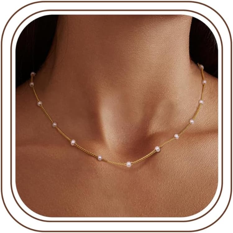 LOLIAS Collier Perle Femme Collier Or 14K Argent Ras du Cou Collier Chaine Argent Femme Choker Collier Simples Perle Collier Ras du Cou Perle pour Femme Bijoux Or Cadeaux