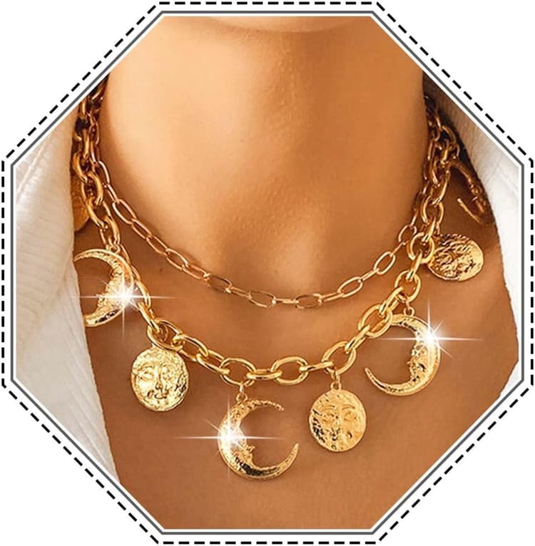 Jovono Collier ras du cou doré avec pendentif lune superposée pour femme