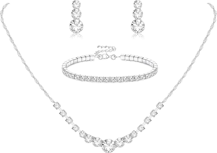 Jstyle Silver Plated Jewelry Set for Women Rhinestone Crystal Necklace Drop Earrings Link Bangle Bracelet Bridal Wedding Jewelry Sets for Brides Bridemaid Prom Costume Accessories