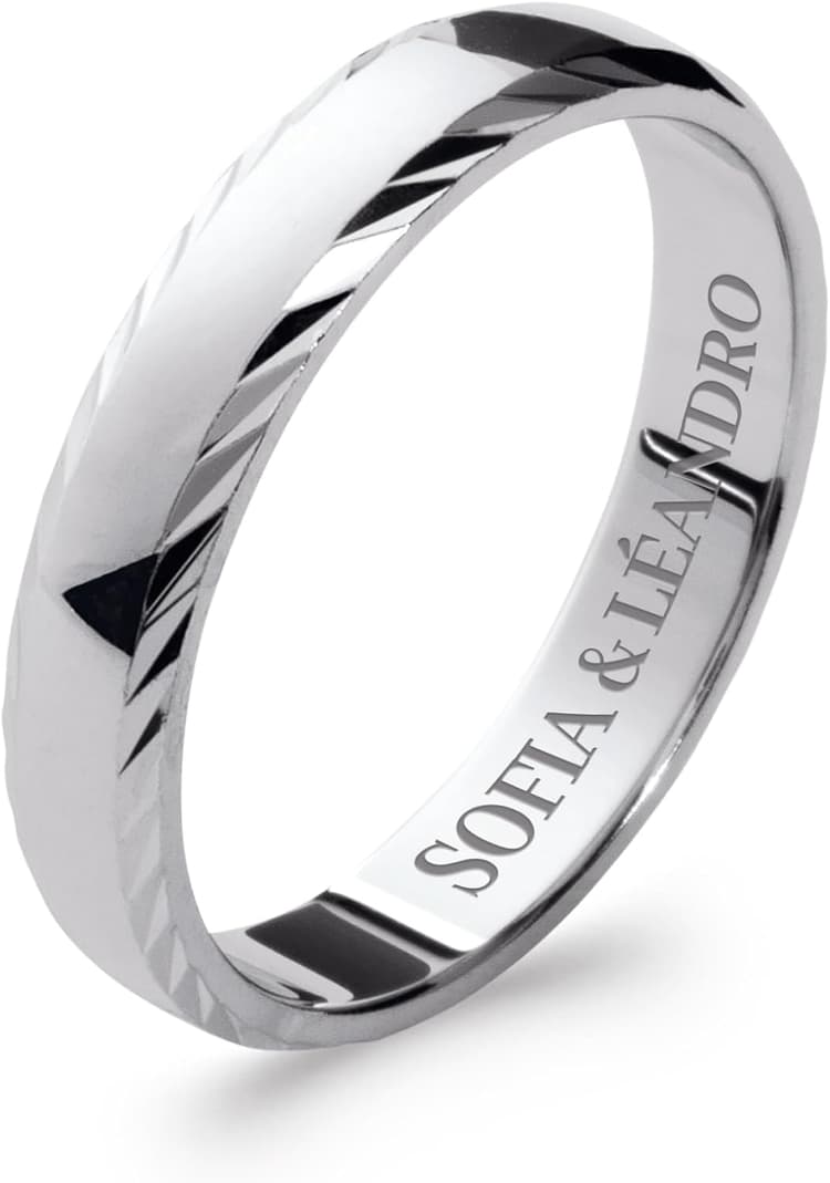 Tata Gisèle Bague Alliance Mixte en Argent 925/000 Rhodié - Lisse avec Bords biseautés et striés - Gravure Intérieure Incluse - Emballage Cadeau