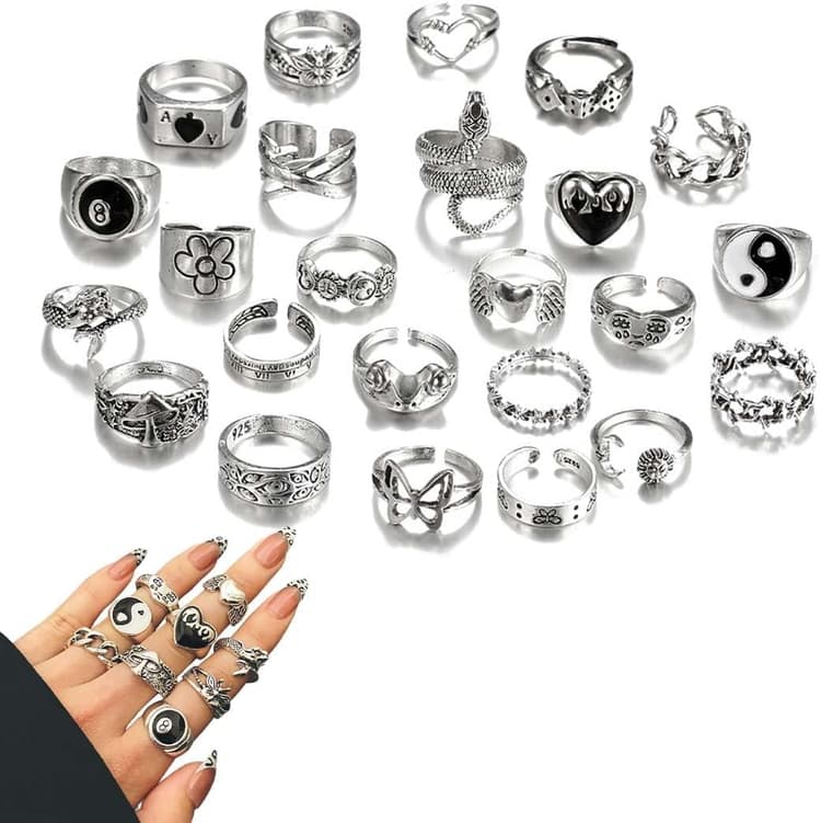 24 Pièces Gothique Bague Argent Femme, Vintage Knuckle Bague, Y2K Punk Bague, Ensemble De Bagues Coeur Serpent Fleur Papillon Yin Yang Crâne Grenouille Femme Cadeau