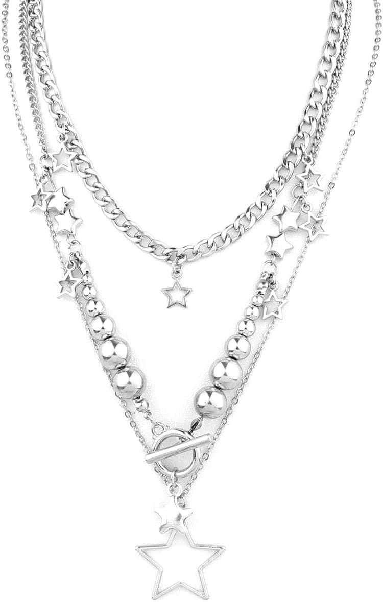 Collier Superposé Y2K en Argent avec Pendentif Étoile pour Accessoires de Bijoux de Mode Esthétiques