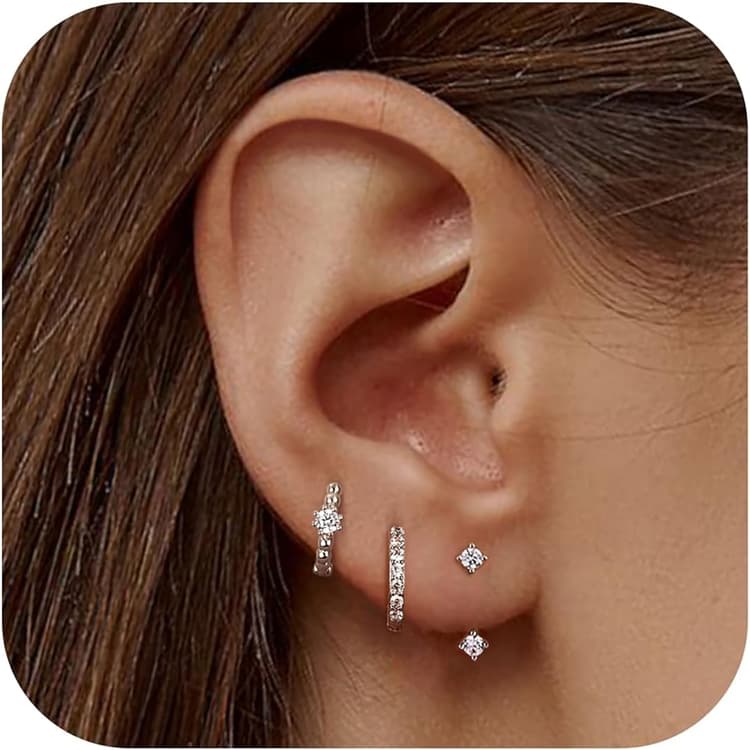 JeweBella 3 Paires Boucles d'oreilles Argent 925 pour Femme Plaquée Or 14 Carats Petites Clou d'Oreilles Mini Boucles d'Oreilles Créoles pour Plusieurs Piercings Oreille Cartilage
